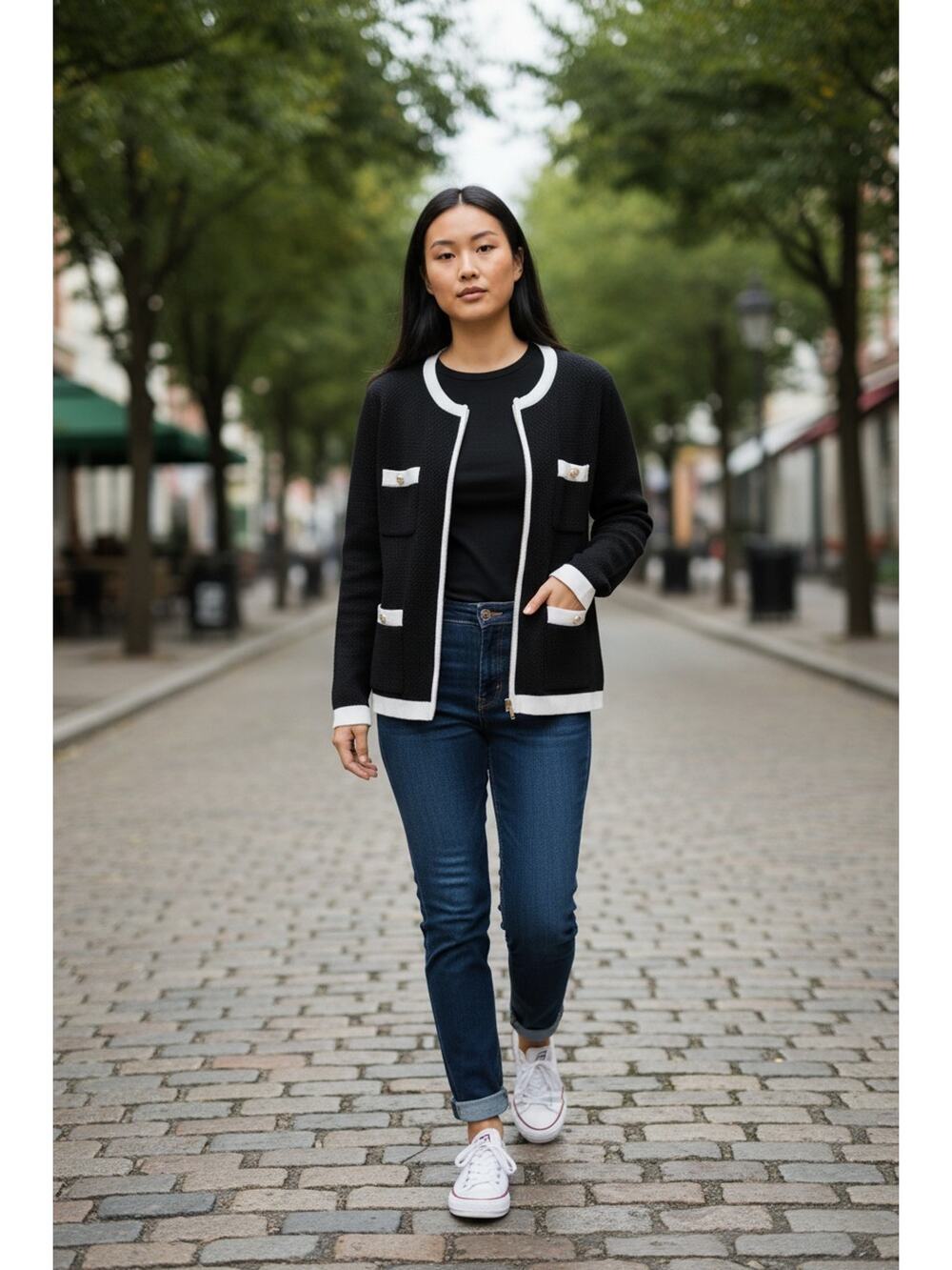 Stefano Cocci Women's Black & White Contrast Trim Knit Cardigan Jacket M 8-12
